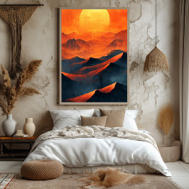Eldiga solnedgångsberg i monokrom orange poster