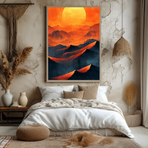Eldiga solnedgångsberg i monokrom orange poster