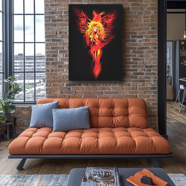 Eldröd Fantasi Fenix Kvinna Svart Canvastryck (Skapare uppladdad)