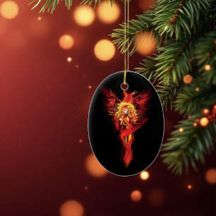 Eldröd Fantasi Fenix Kvinna Svart Julgransprydnad Keramik
