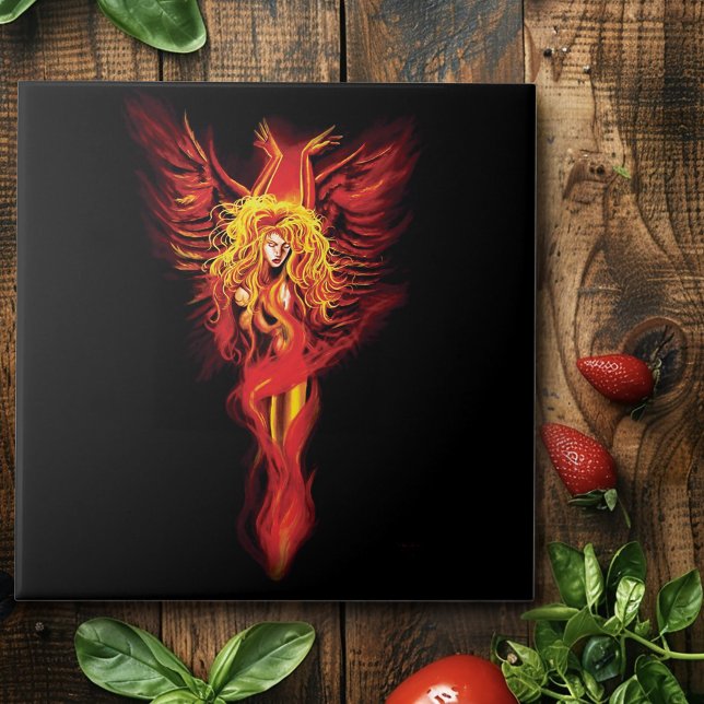 Eldröd Fantasi Fenix Kvinna Svart Kakelplatta (Skapare uppladdad)