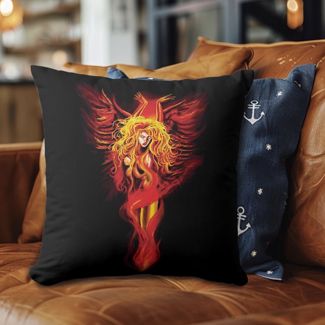 Eldröd Fantasi Fenix Kvinna Svart Kudde (Skapare uppladdad)