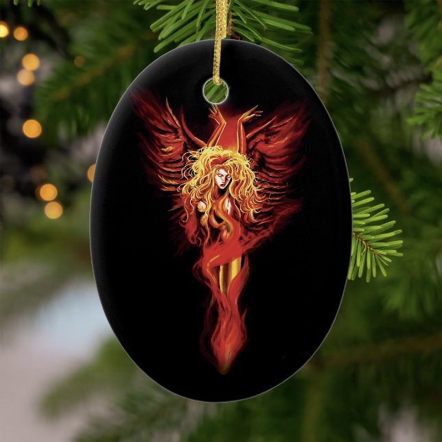 Eldröd fantasifenix kvinna svart julgransprydnad keramik (Skapare uppladdad)
