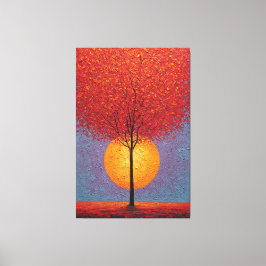 Eldröd Träd med Guld Sol Texturerad Abstrakt Canvastryck