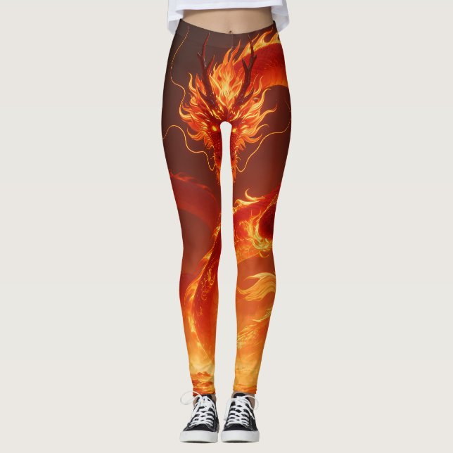 Eldsjälsdrake | Mythisk Flamdrake Fantasi Leggings (Framsida)