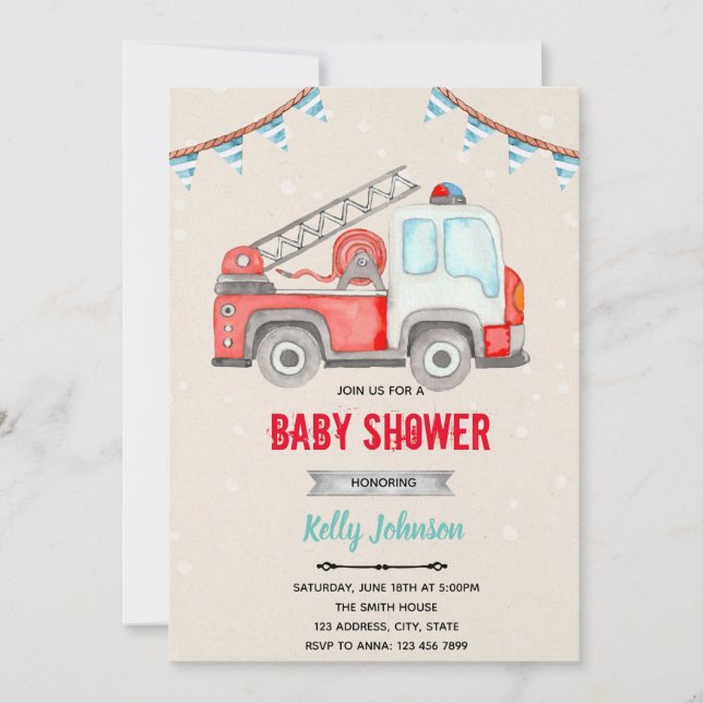 Eldsläckare brandman baby shower tema inbjudan (Framsida)