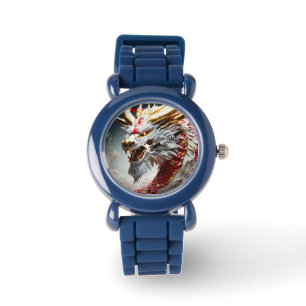 Eldsprutande drake röda vita och gyllene fjäll armbandsur