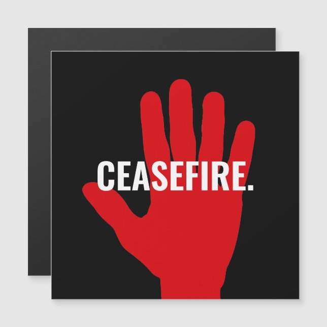 Eldupphör, svart, vit hand, anti-krig-magnet (Fram/baksida)