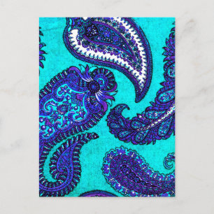 Electric Aqua Blue Indian Paisley Vykort