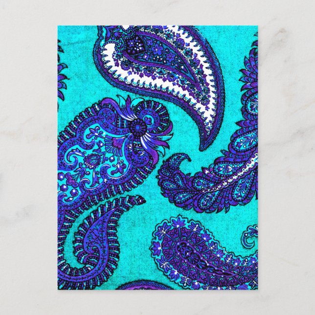 Electric Aqua Blue Indian Paisley Vykort (Framsida)