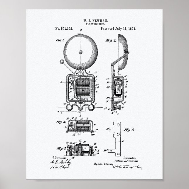 Electric Bell 1893 Patent Art - White Papper Poster (Framsidan)