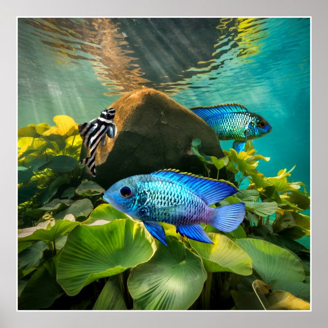Electric Blue Acara Cichlids Zebra Pleco Fish Art Poster (Framsidan)