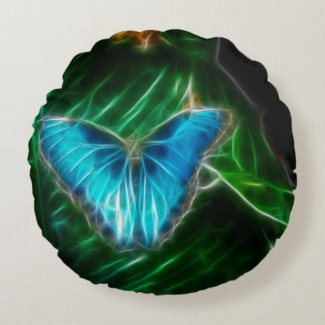 Electric Blue Morpho Butterfly Fractal Rund Kudde (Framsidan)