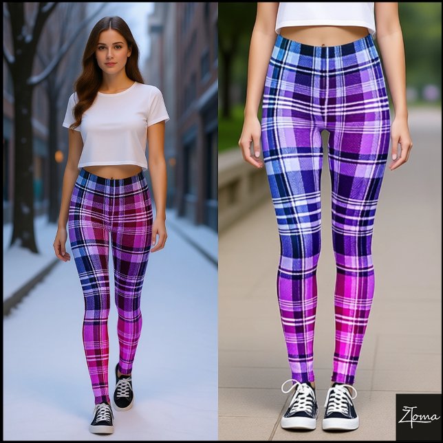 Electric Blue Pink Plaid Gradient Design Leggings (Skapare uppladdad)