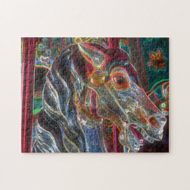 Electric Färg Fiery Steed Carousel Horse Art Pussel (Horisontell)