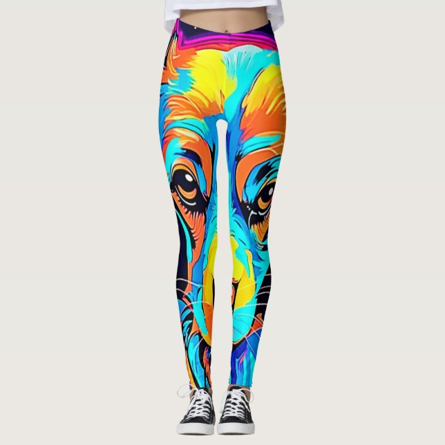 Electric Färg Pop Hund Art Leggings (Framsida)