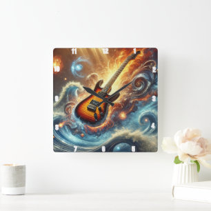 Electric Guitar Amidst Cosmic Vinkarare Fyrkantig Klocka