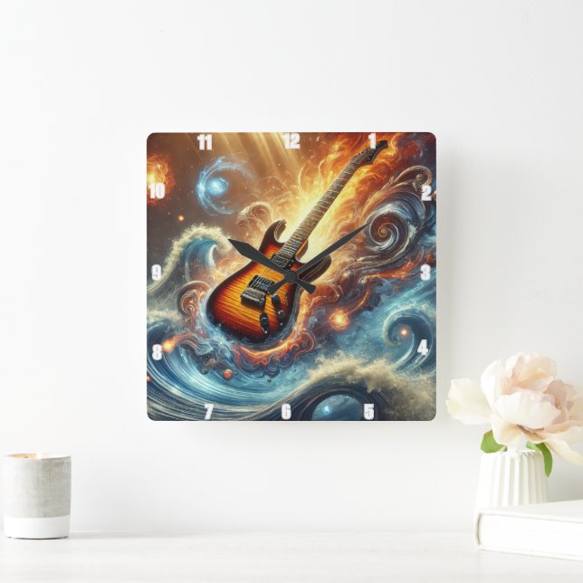 Electric Guitar Amidst Cosmic Vinkarare Fyrkantig Klocka (Hem)