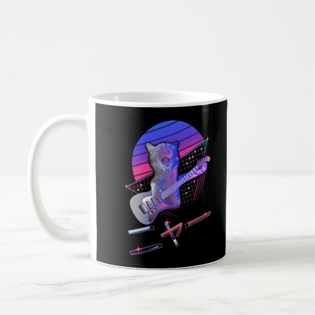Electric Guitar Cat Vaporwave 80s 90-tal Music Äls Kaffemugg (Vänster)