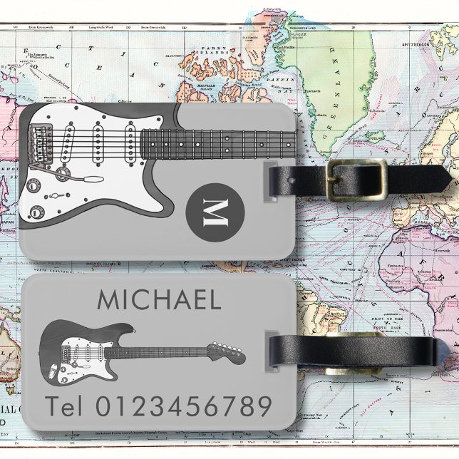 Electric Guitar Monogram Bagagebricka (Electric guitar gray illustration custom name mobile travel tag for guitarist musician music teacher)