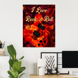 Electric Guitar on Fire Red Black Kärlek Rock n Ro Poster