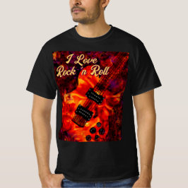 Electric Guitar on Fire Red Black Kärlek Rock n Ro T Shirt