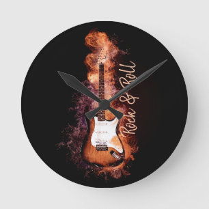Electric Guitar Rock and roll Flames Rund Klocka