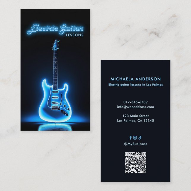 Electric Guitar Teacher QR Code & Social Media Visitkort (Fram/baksida)