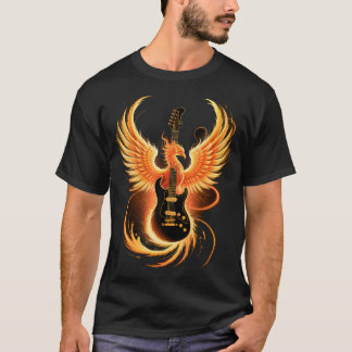 Electric Guitar With Fiery Winged Silhouette In Bl T Shirt