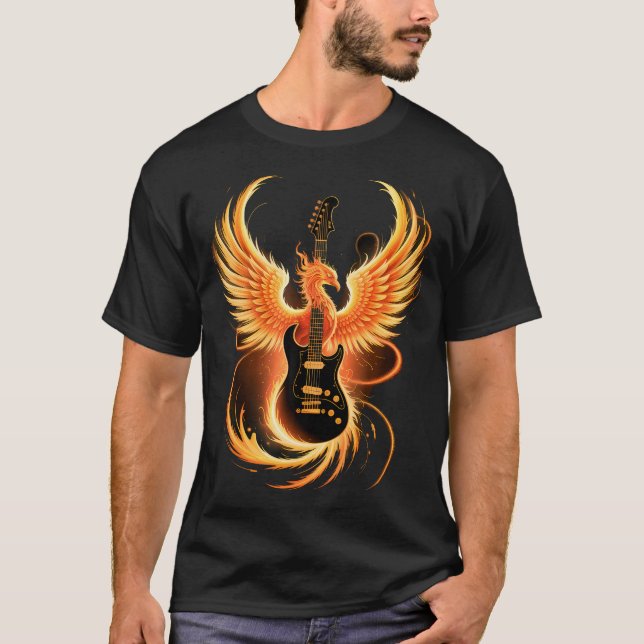 Electric Guitar With Fiery Winged Silhouette In Bl T Shirt (Framsida)