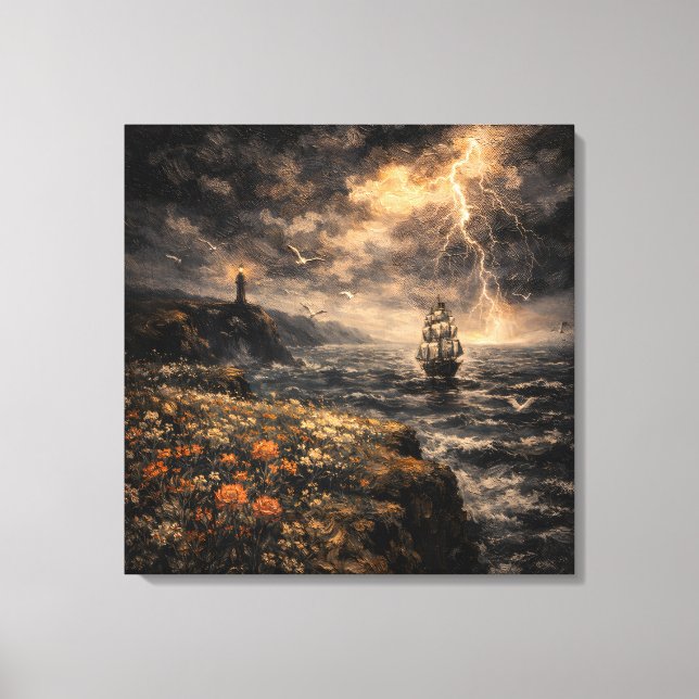 Electric Horizon: Stormy Lighthouse & Tall Ship Canvastryck (Framsida)