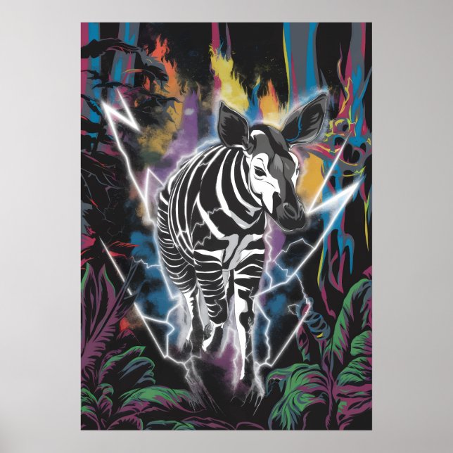 Electric Jungle Okapi med Neon Lightning Poster (Framsidan)