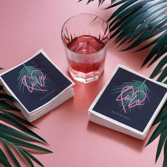 Electric Kärlek Neon Rosa Heart & Tropical Handfla Pappersservett (Electric Love Neon Pink Heart & Tropical Palm Leaf Napkins)