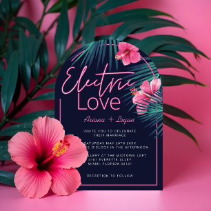 Electric Kärlek Neon Rosa Tropical Retro Bröllop Inbjudningar