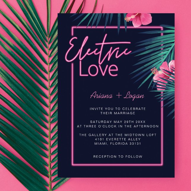 Electric Kärlek Neon Rosa Tropical Retro Bröllop Inbjudningar (Electric Love Neon Pink Tropical Retro Wedding Invitation)