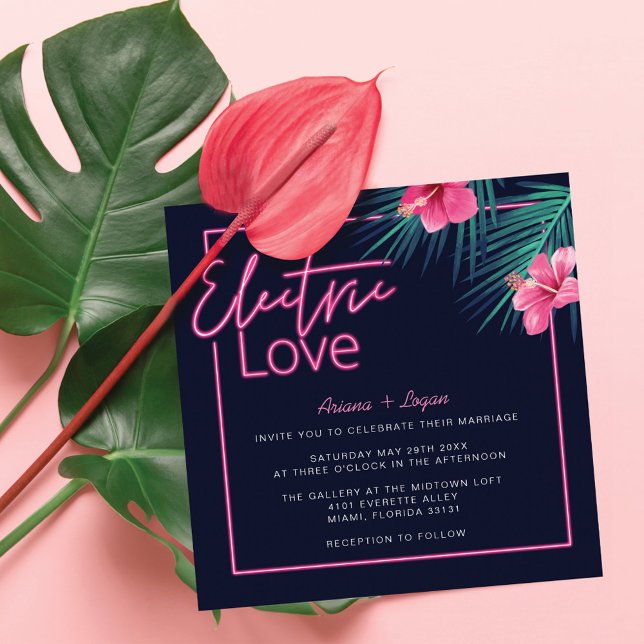 Electric Kärlek Neon Rosa Tropical Retro Bröllop Inbjudningar (Electric Love Neon Pink Tropical Retro Wedding Invitation)