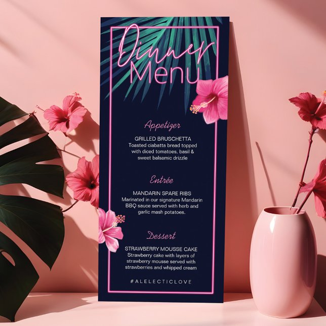 Electric Kärlek Neon Rosa Tropical Retro Bröllop Meny (Electric Love Neon Pink Tropical Retro Wedding Menu)