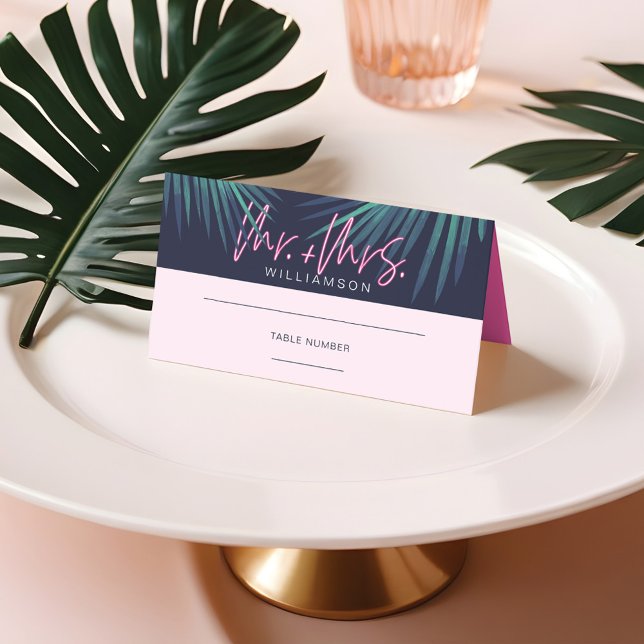 Electric Kärlek Neon Rosa Tropical Retro Bröllop Placeringskort (Electric Love Neon Pink Tropical Retro Wedding Place Card)
