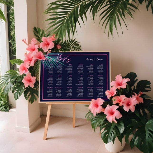 Electric Kärlek Neon Rosa Tropical Retro Bröllop Poster (Electric Love Neon Pink Tropical Retro Wedding Poster)
