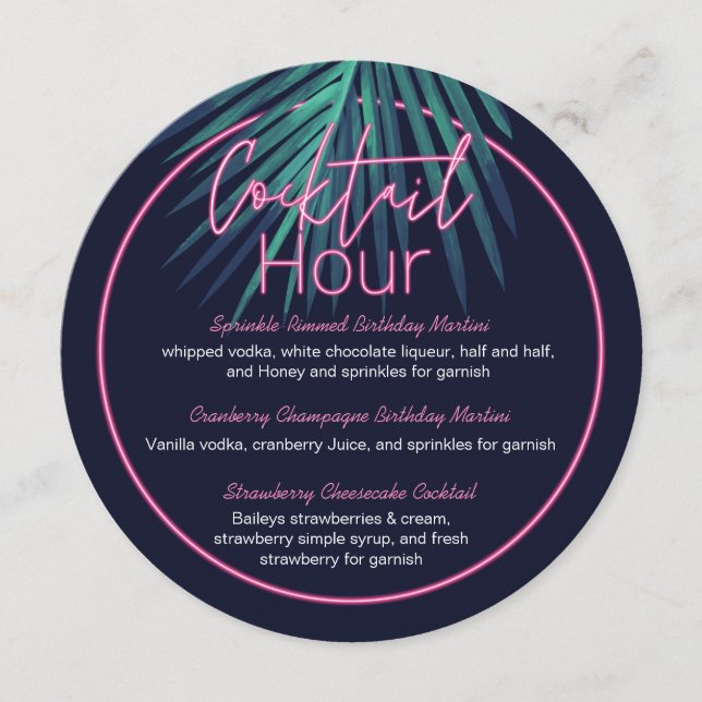 Electric Kärlek Neon Rosa Tropical Retro Cocktail  Meny (Framsida)