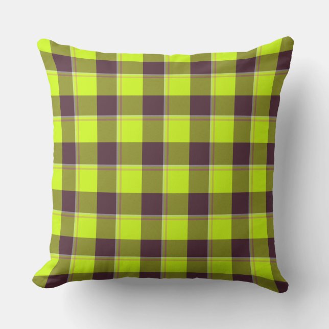 Electric Lime and Livid Brown Plaid Kudde (Framsida)