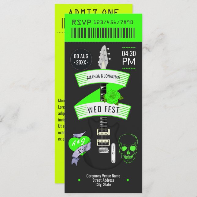 Electric Lime Rock ’n’ Roll Wedding Ticket Inbjudningar (Fram/baksida)