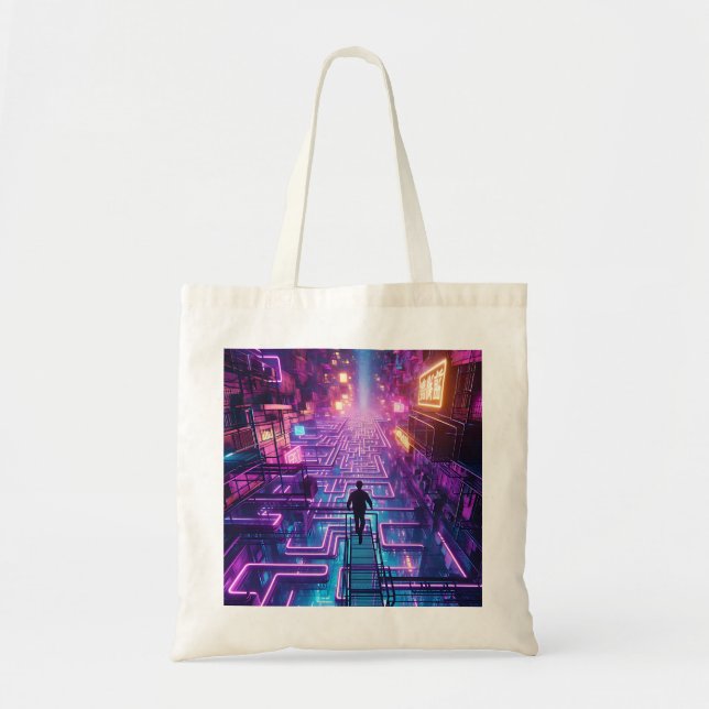 Electric Neon Cyberpunk Maze Urban Explorer Tygkasse (Framsidan)