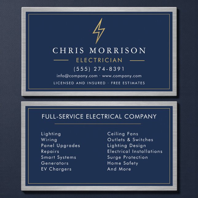 Electrician Electrical Contractor Metal Navy Blue Visitkort (Skapare uppladdad)