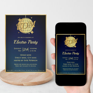 Electro EDM themed guld disco boll party Inbjudningar