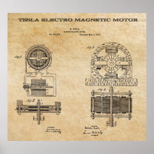 ELECTRO MAGNETIC MOTOR PATENT, TESLA 1888 POSTER