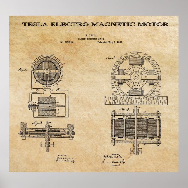 ELECTRO MAGNETIC MOTOR PATENT, TESLA 1888 POSTER (Framsidan)