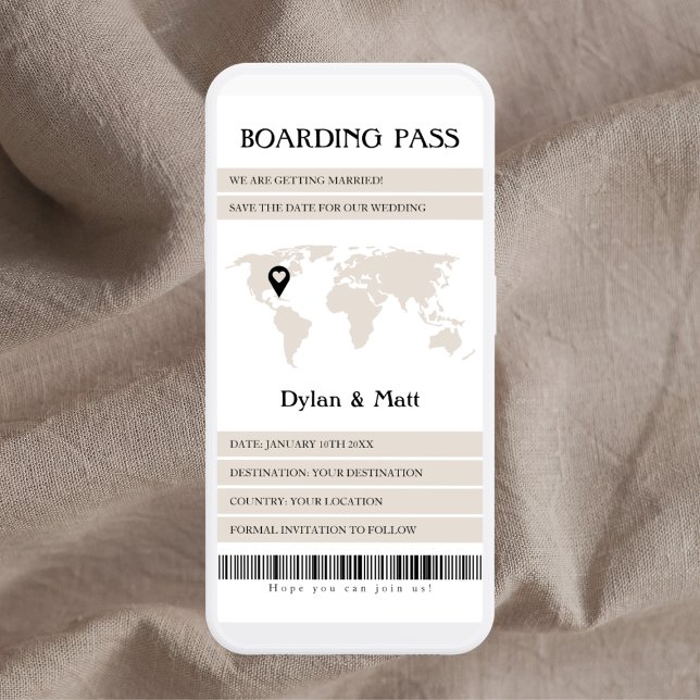 Electronic Boarding Pass för Destination Beige Spara Datumet (boarding pass save the date electronic boarding pass destination wedding light beige)