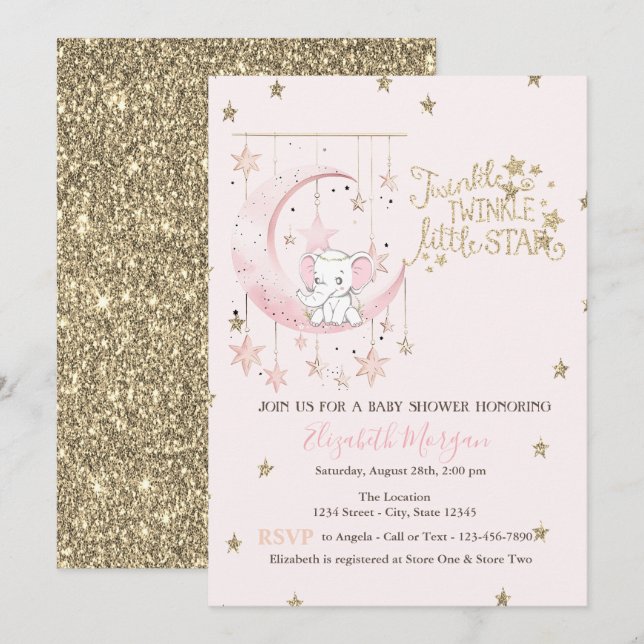 Elefanant Rosa Måne,Twinkle Star Baby Shower Inbjudningar (Fram/baksida)