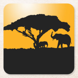 Elefanatiska Silhouettes i sunset Underlägg Papper Kvadrat